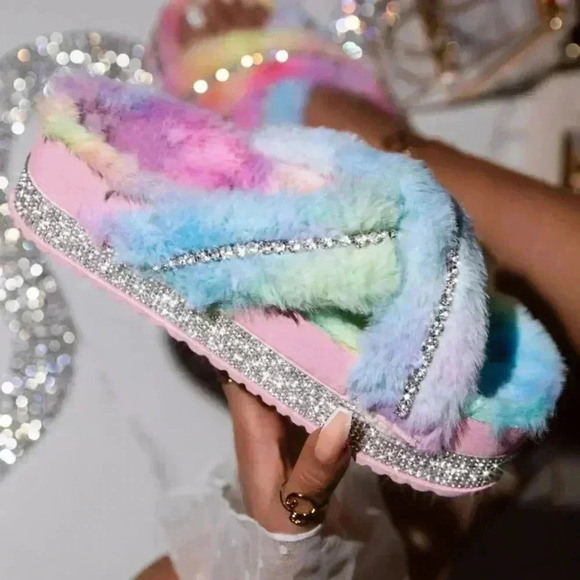 Shoes - Glam Rhinestone Platform Fur Crisscross Cotton Candy Slippers